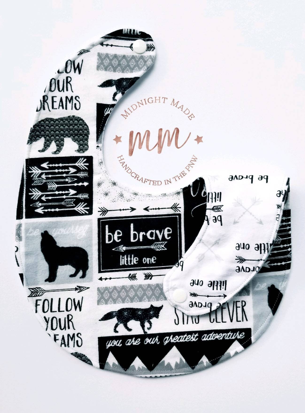 Waterproof reversible baby bib, toddler children's Bib. Stay Wild. Be Brave. Midnight Made