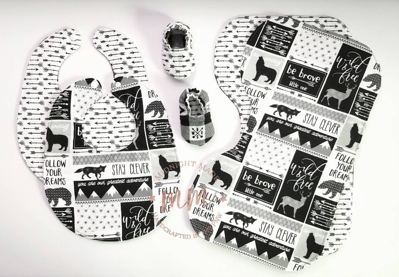 Waterproof reversible baby set, baby bib bandana, burp cloth, baby shoes baby mocs, toddler children Bib. Stay Wild. Be Brave Midnight Made