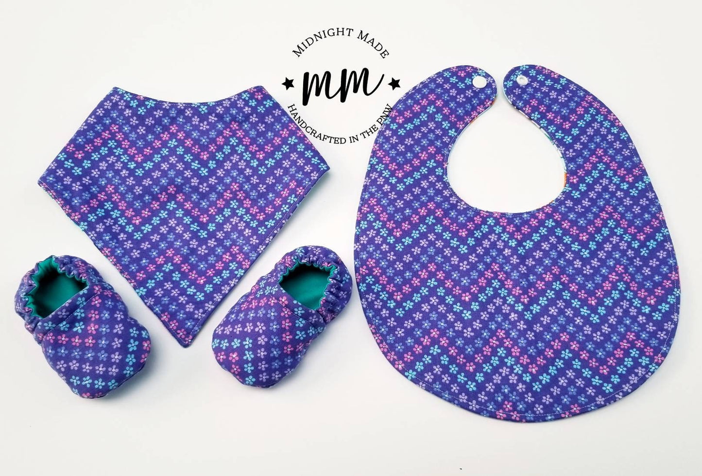 Mermaid and purple flowers Reversible baby set, baby bib, bib bandana, baby shoes baby mocs, toddler children's Bib. Midnight Made