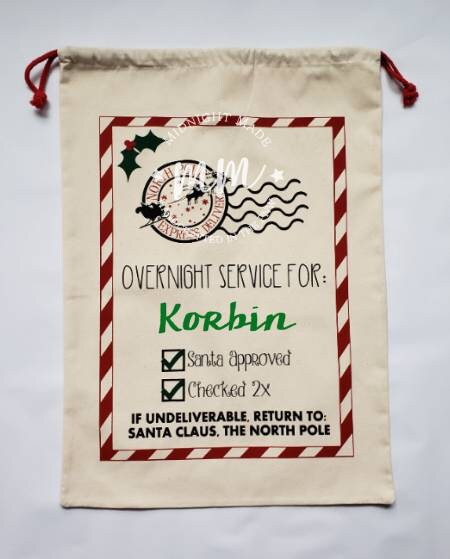 Personalized Christmas Canvas Santa gift bag, nice list, naughty list, secret santa, red truck north pole Midnight Made