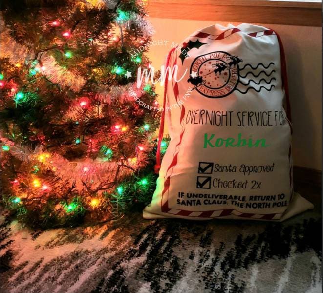 Personalized Canvas Santa Bag, Santa sack, Santa gift bag, nice list, Christmas secret santa, red truck north pole Midnight Made