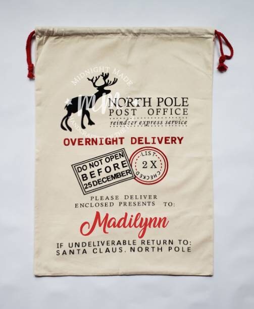 Personalized Canvas Christmas Santa Bag Santa gift bag, nice list, naughty, secret santa, red truck, north pole, reindeer Midnight Made