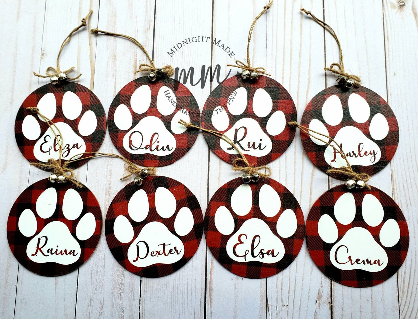 Custom Paw Print, Dog, Cat, Pet family ornament buffalo plaid Wood Christmas tree ornament Midnight Made