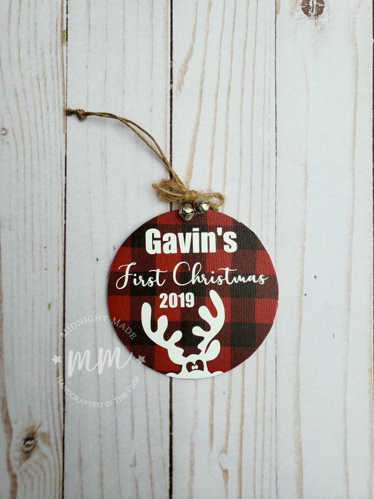 1st Christmas First Christmas Ornament, Personalized custom buffalo plaid Christmas tree ornament Midnight Made