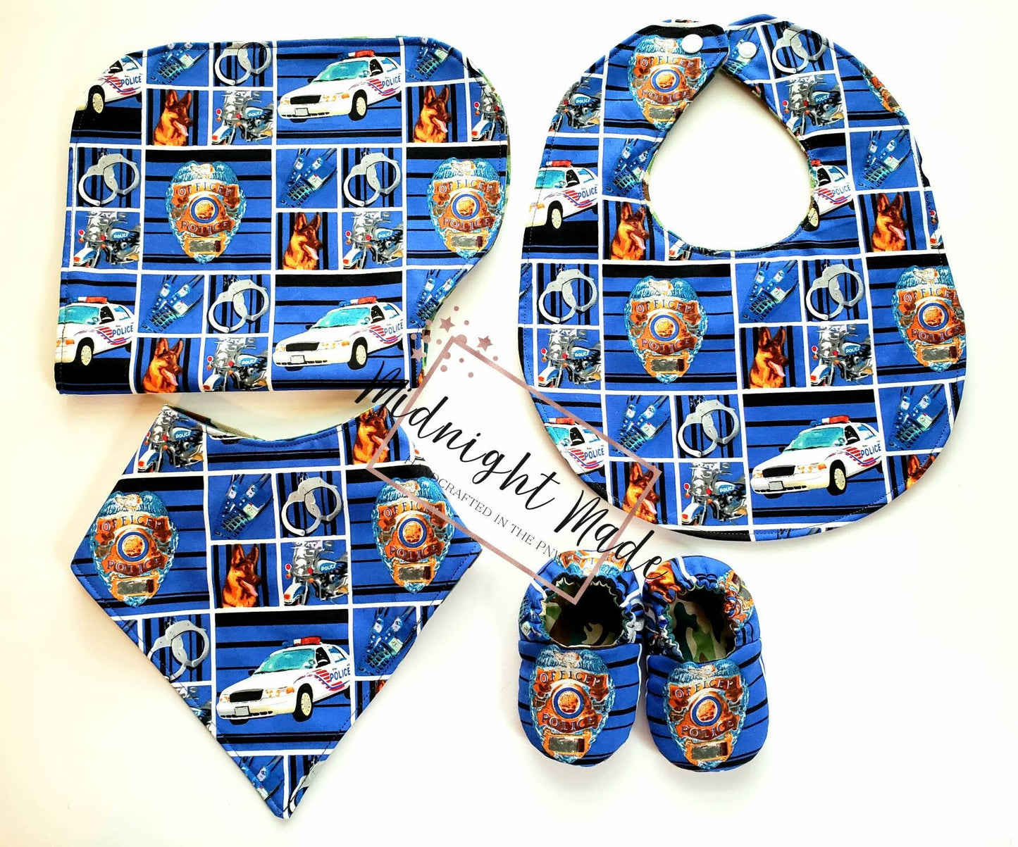 Law Enforcement Police Sheriff State Trooper baby set, baby bib, bib bandana, burp cloth, baby shoes baby mocs, toddler child. Midnight Made