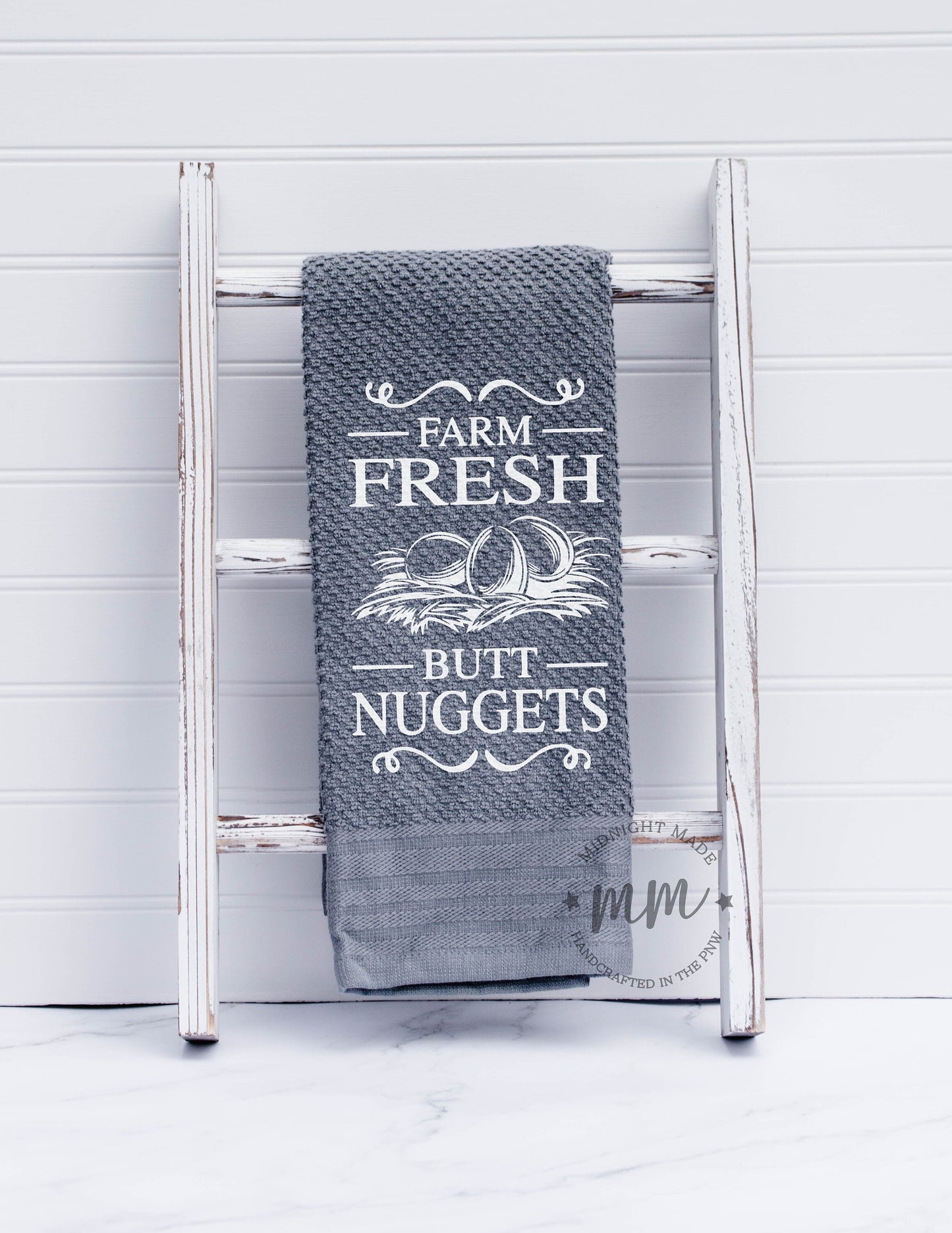Farm fresh butt nuggets, chicken egg towel, funny kitchen towel gift, novelty towel farmhouse gift towel, chicken decor towel Midnight Made