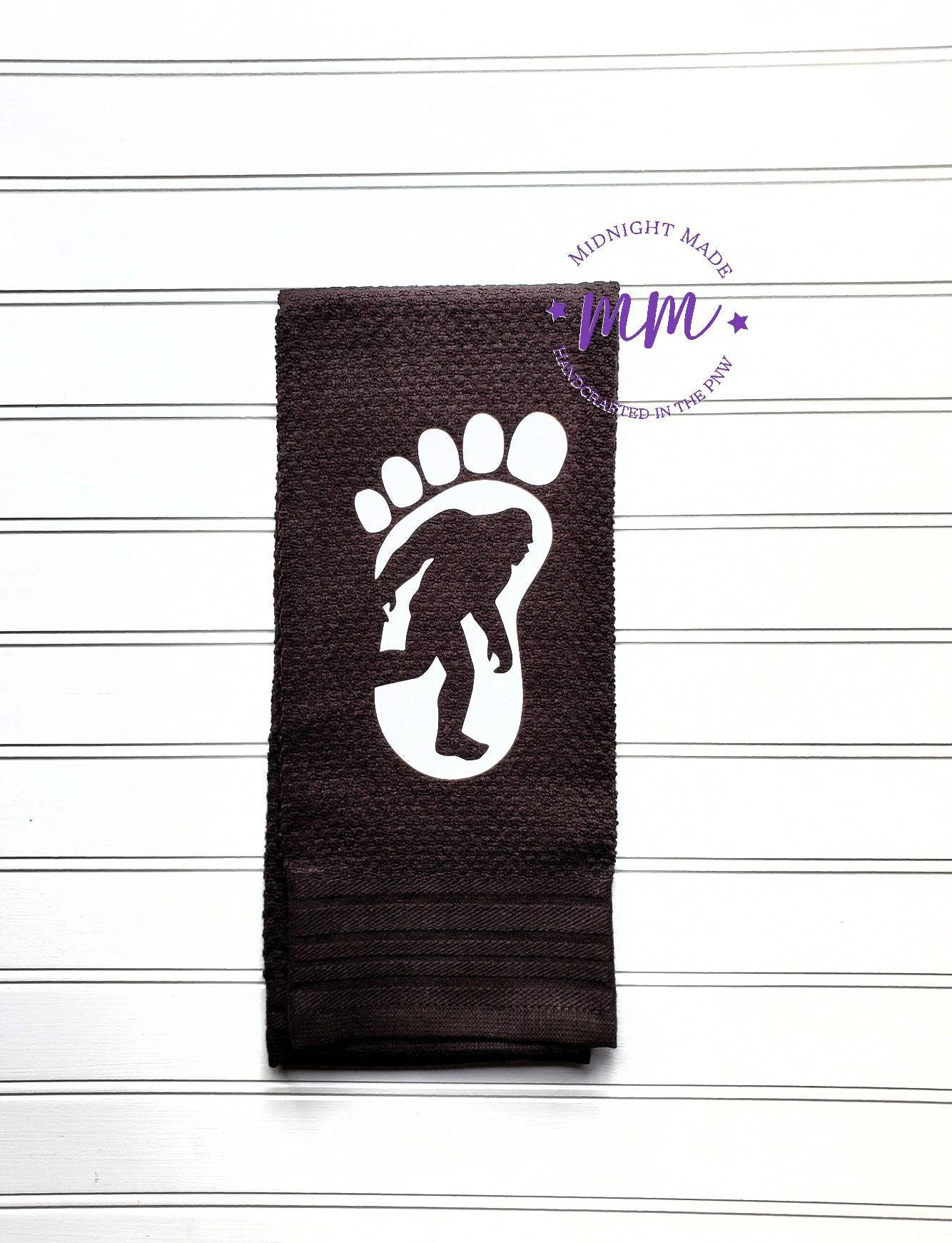 Bigfoot Sasquatch Yetty Yeti décor, funny kitchen towel décor Midnight Made camp gift pnw