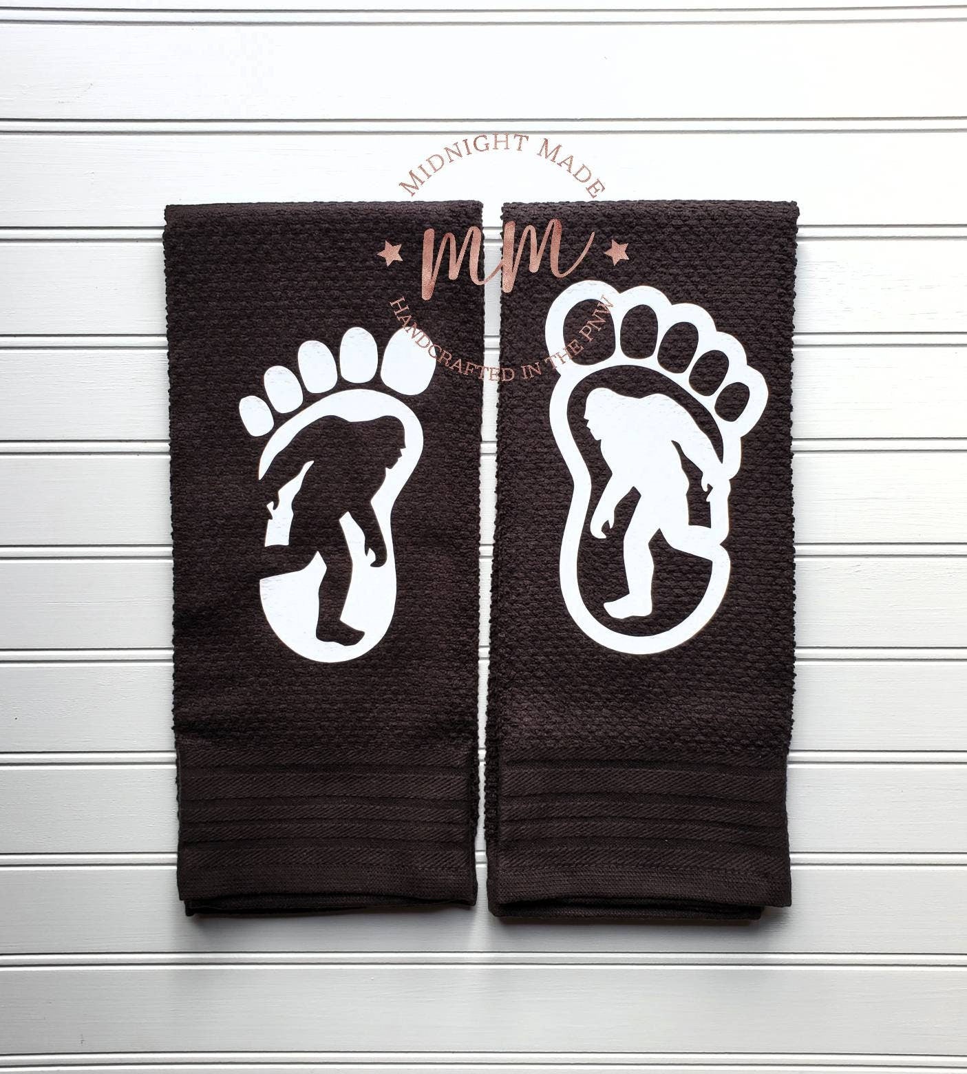 Bigfoot Sasquatch Yetty Yeti décor, funny kitchen towel décor Midnight Made camp gift pnw