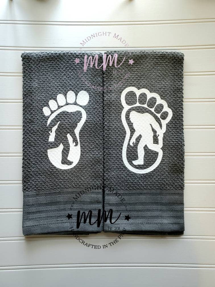 Bigfoot Sasquatch Yetty Yeti décor, funny kitchen towel décor Midnight Made camp gift pnw