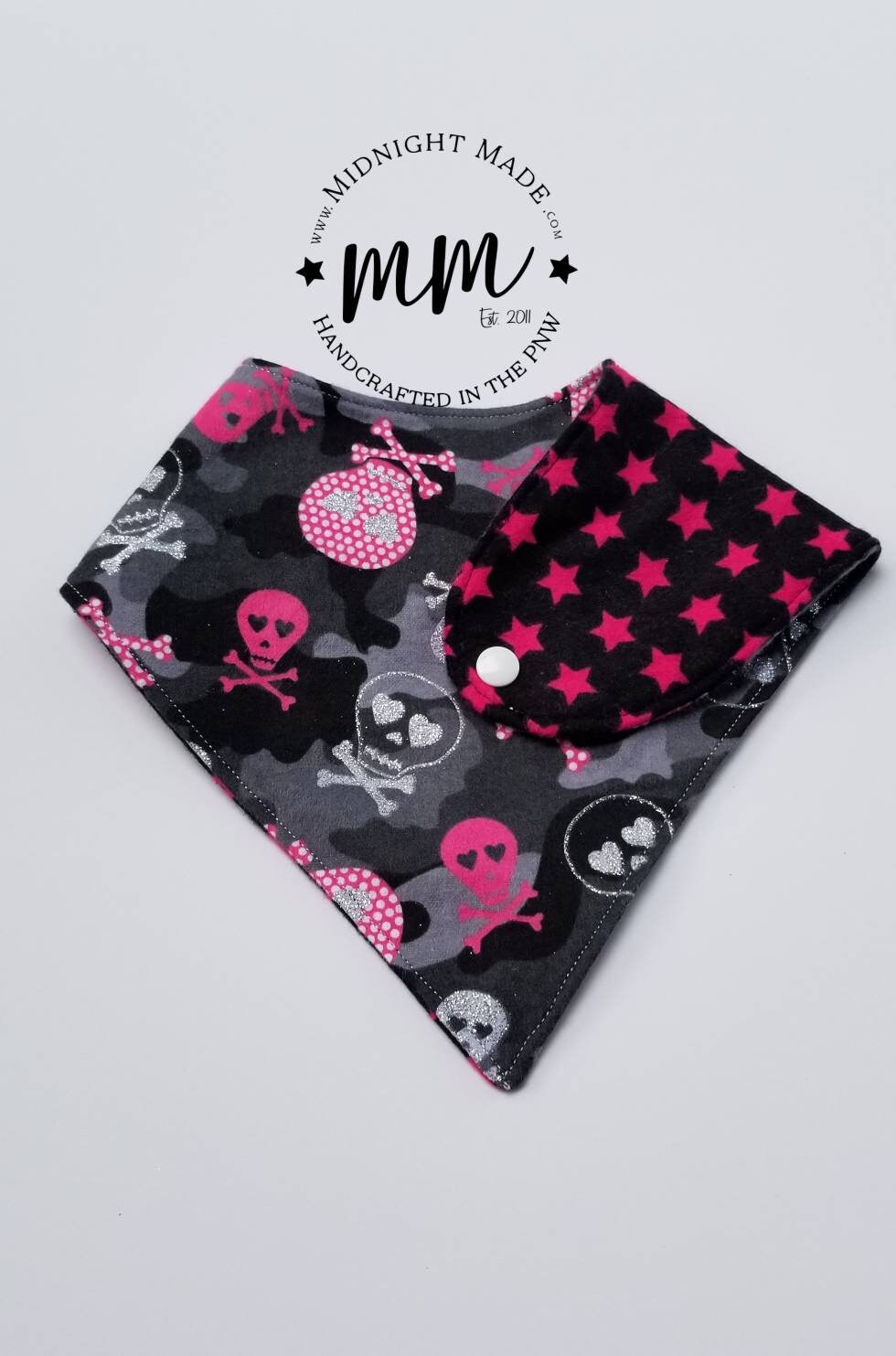 Double sided REVERSIBLE baby bib bandana, shimmer skulls pink stars toddler children's Bib Midnight Made