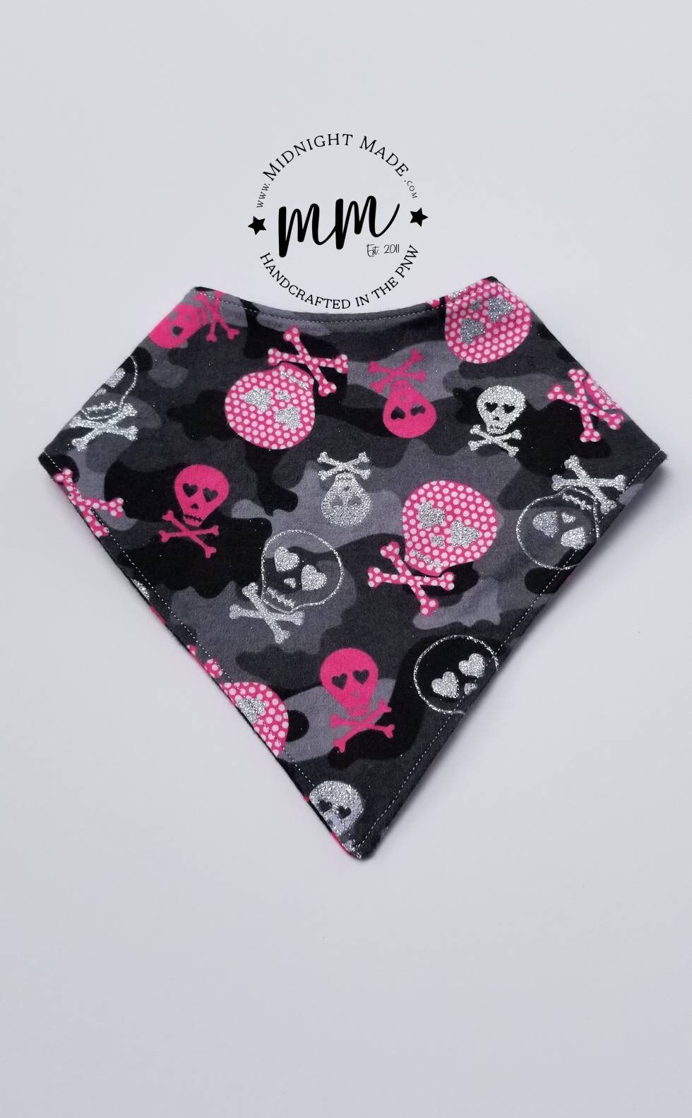 Double sided REVERSIBLE baby bib bandana, shimmer skulls pink stars toddler children's Bib Midnight Made