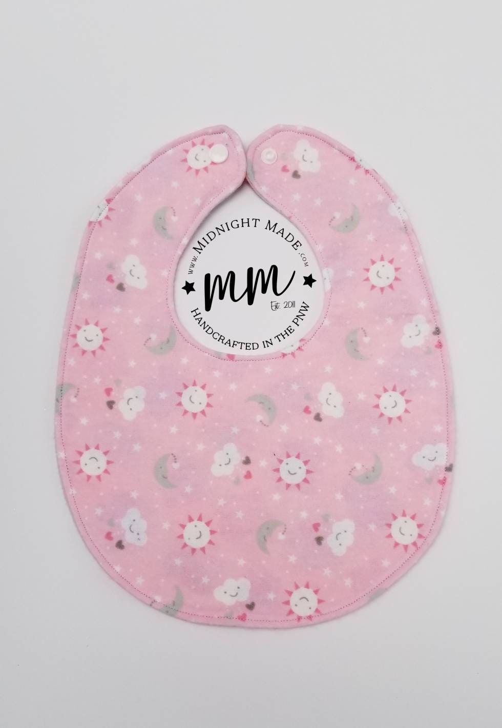 Double sided REVERSIBLE baby bib pink clouds moon sun stars argyle toddler children's Bib Midnight Made