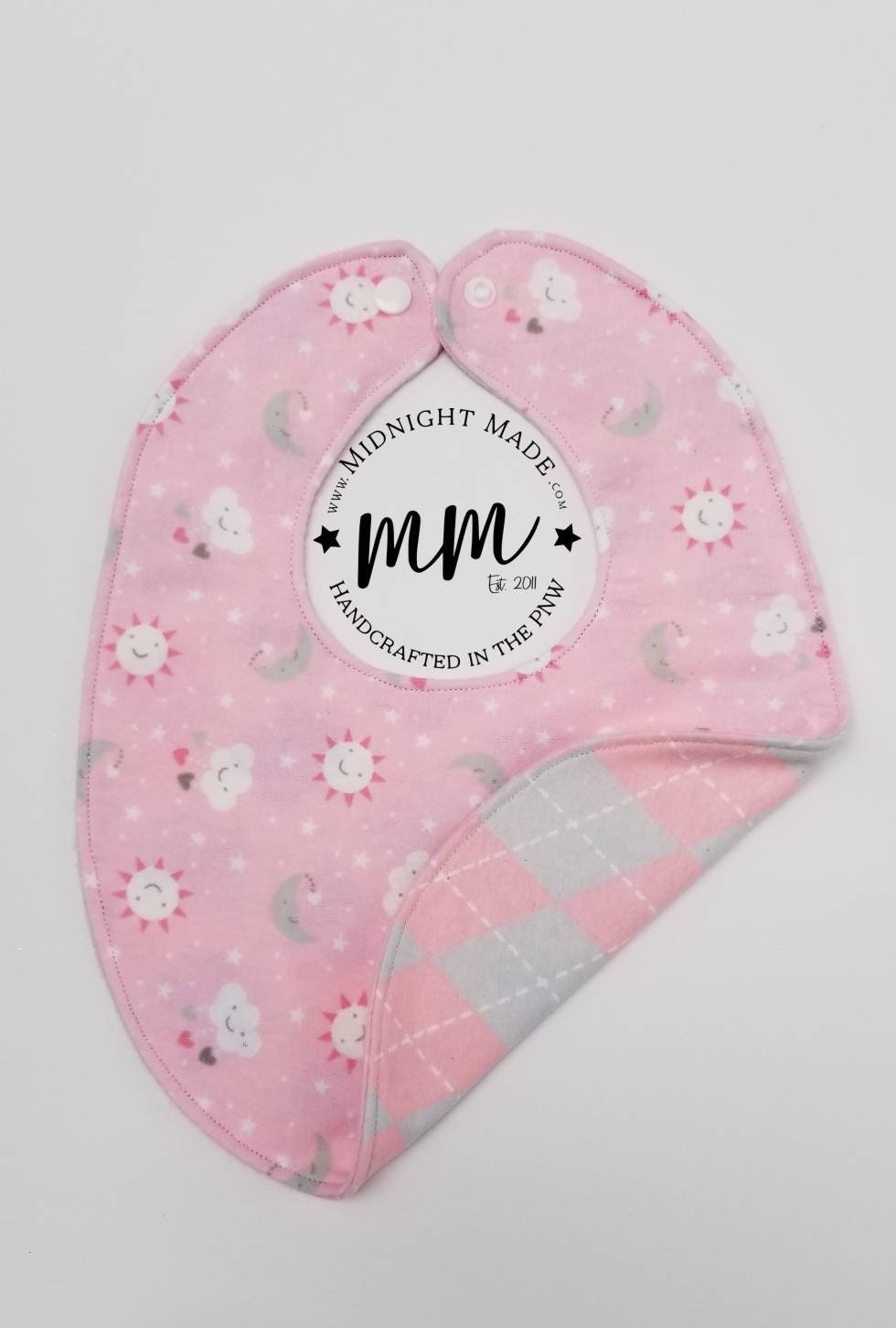 Double sided REVERSIBLE baby bib bandana star moon cloud sun pink toddler children's Bib Midnight Made