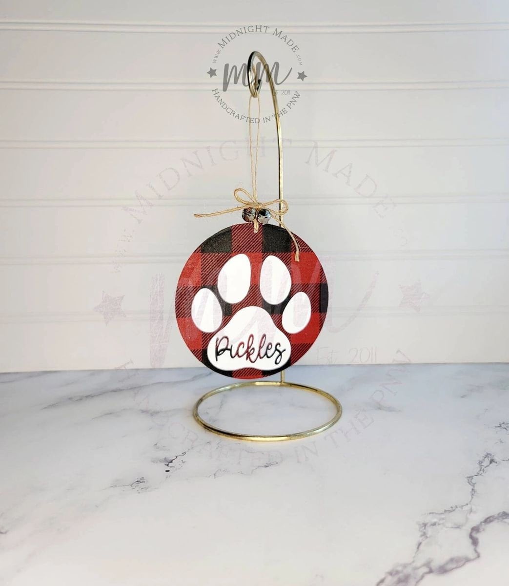 Personalized custom Paw Print, Dog, Cat, Pet family ornament buffalo plaid Wood Christmas tree ornament Midnight Made