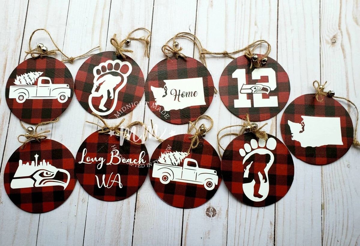 Personalized custom Paw Print, Dog, Cat, Pet family ornament buffalo plaid Wood Christmas tree ornament Midnight Made