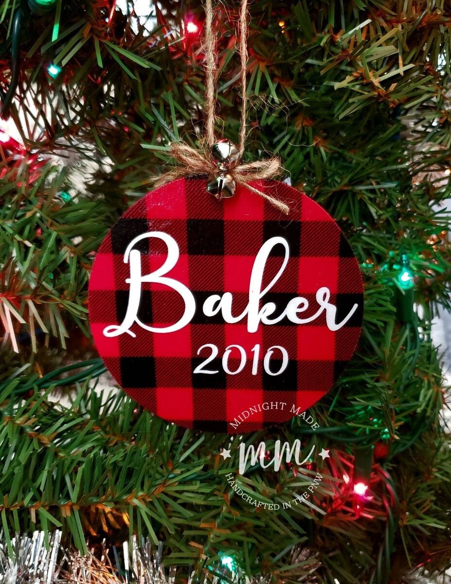 Personalized custom Paw Print, Dog, Cat, Pet family ornament buffalo plaid Wood Christmas tree ornament Midnight Made