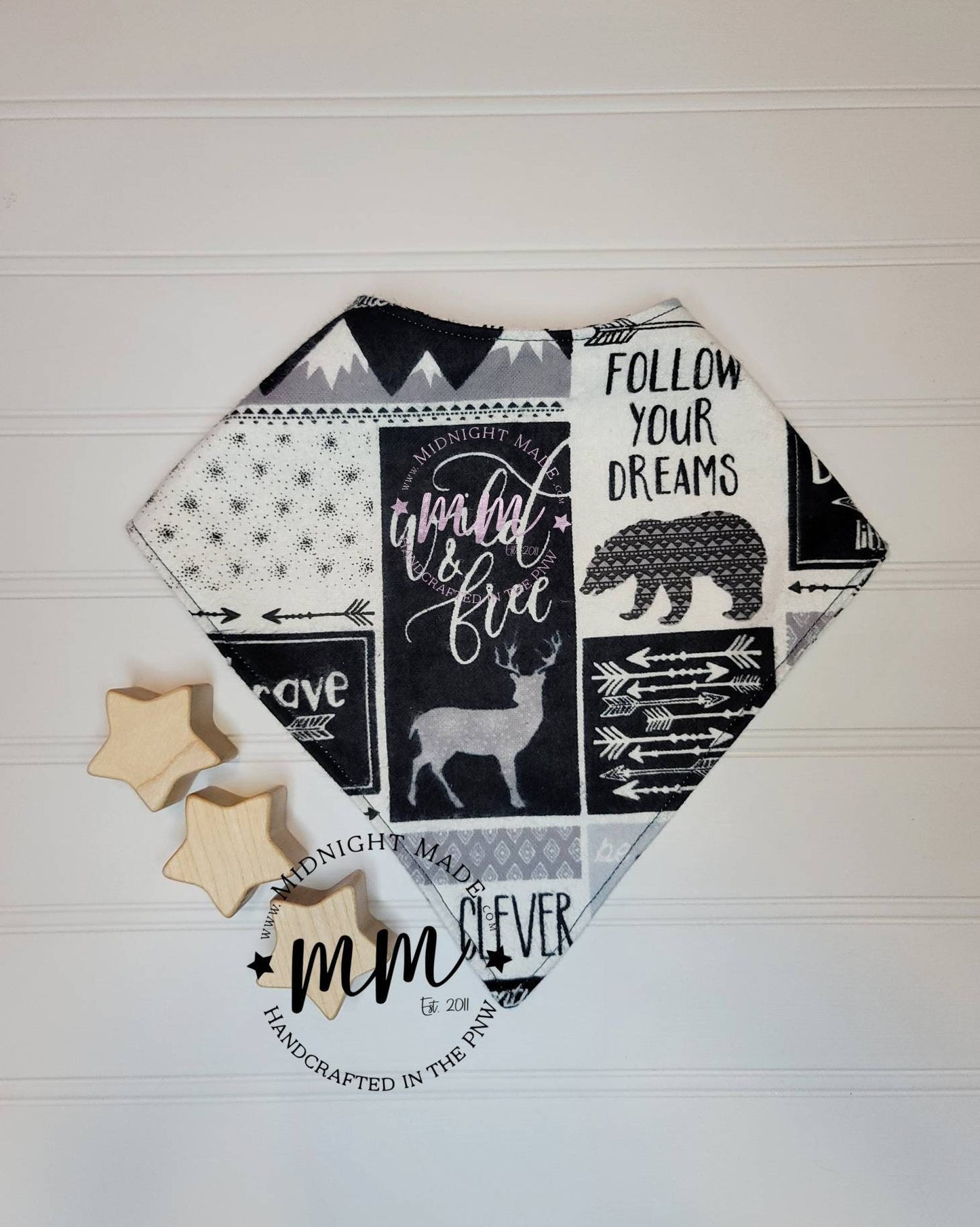 Waterproof reversible baby bib, bib bandana, toddler children's Bib. Stay Wild. Be Brave. Midnight Made