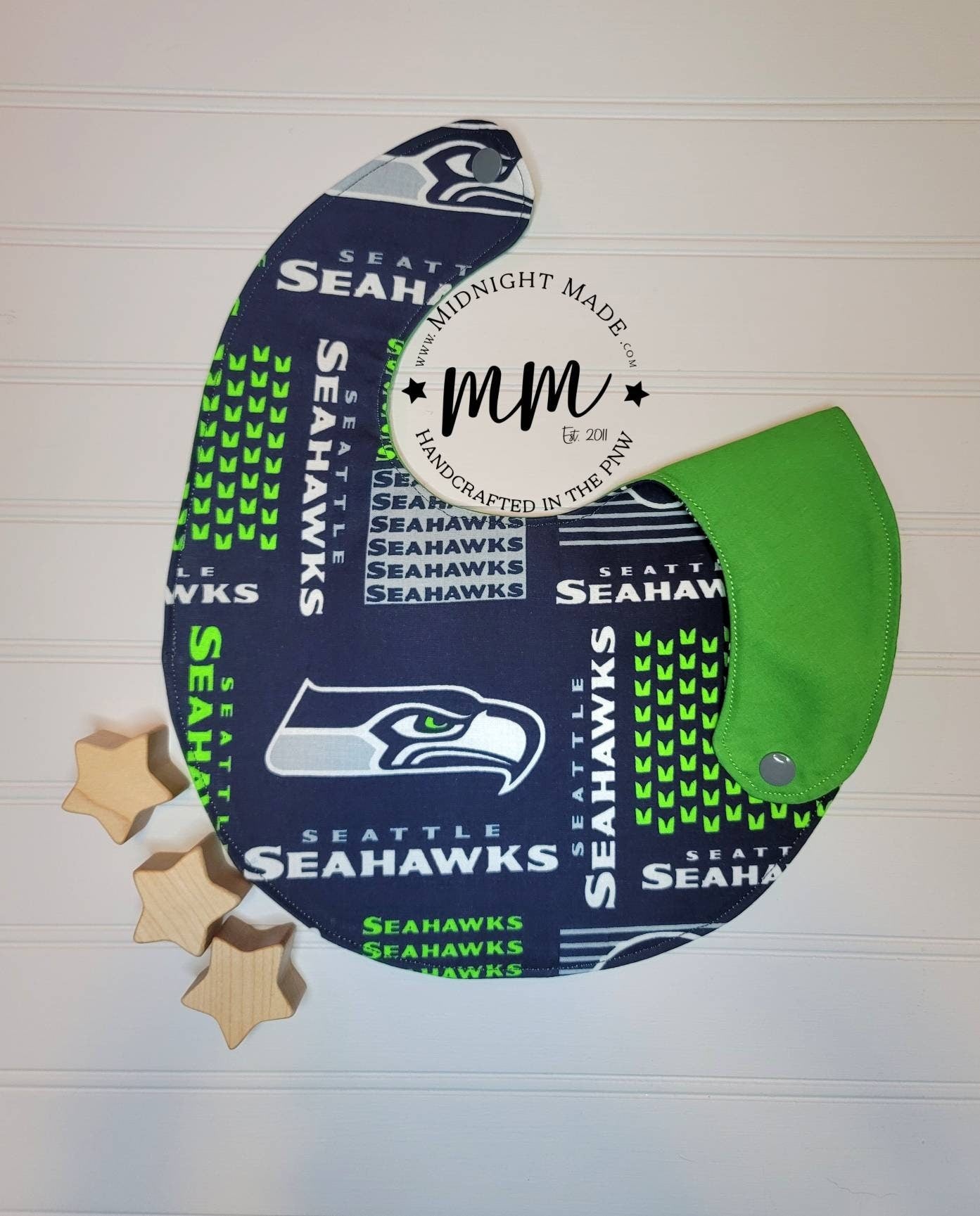 Seahawks reversible baby set, baby bib, bib bandana, baby shoes baby mocs, toddler children's Bib. Midnight Made