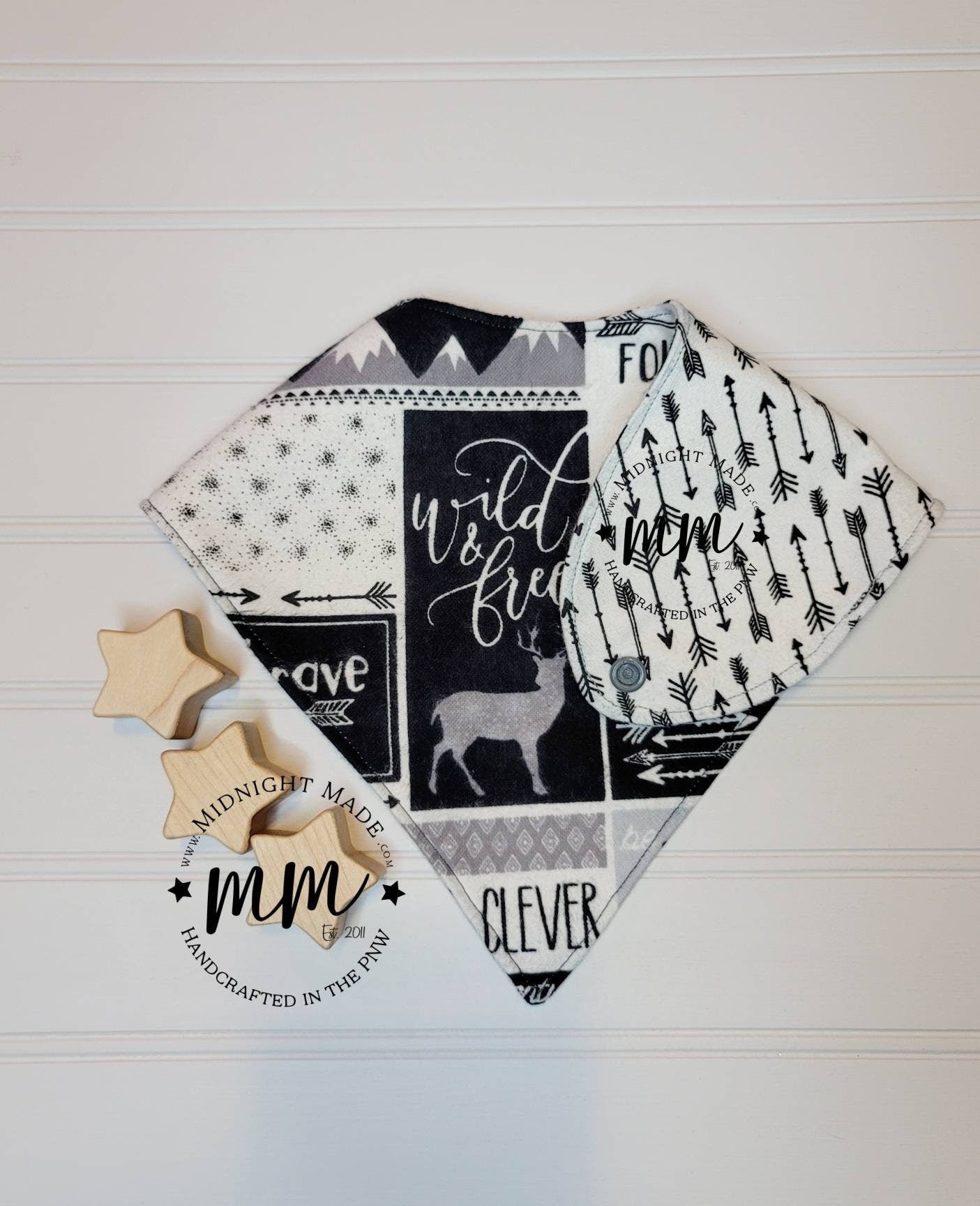 Waterproof reversible baby bib, bib bandana, toddler children's Bib. Stay Wild. Be Brave. Midnight Made