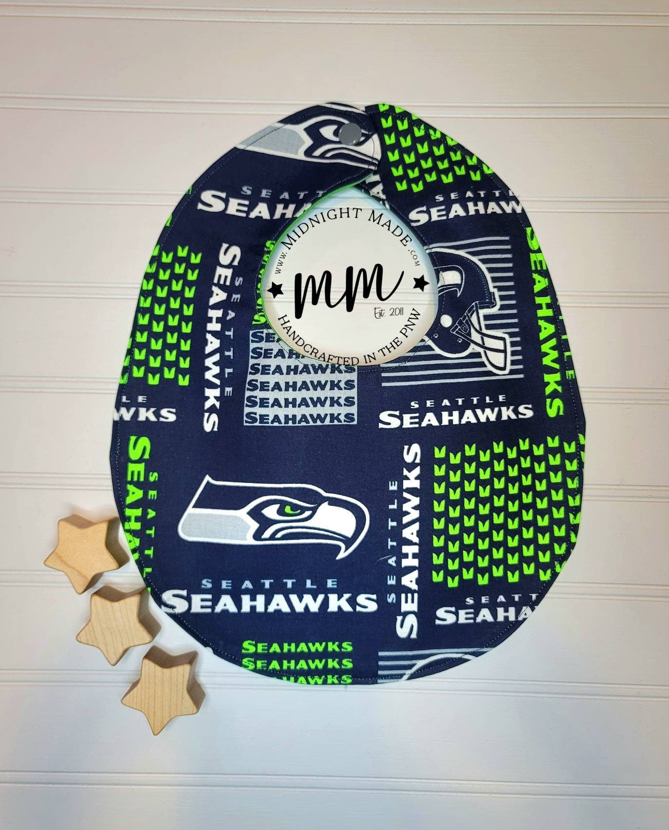 Seahawks reversible baby set, baby bib, bib bandana, baby shoes baby mocs, toddler children's Bib. Midnight Made