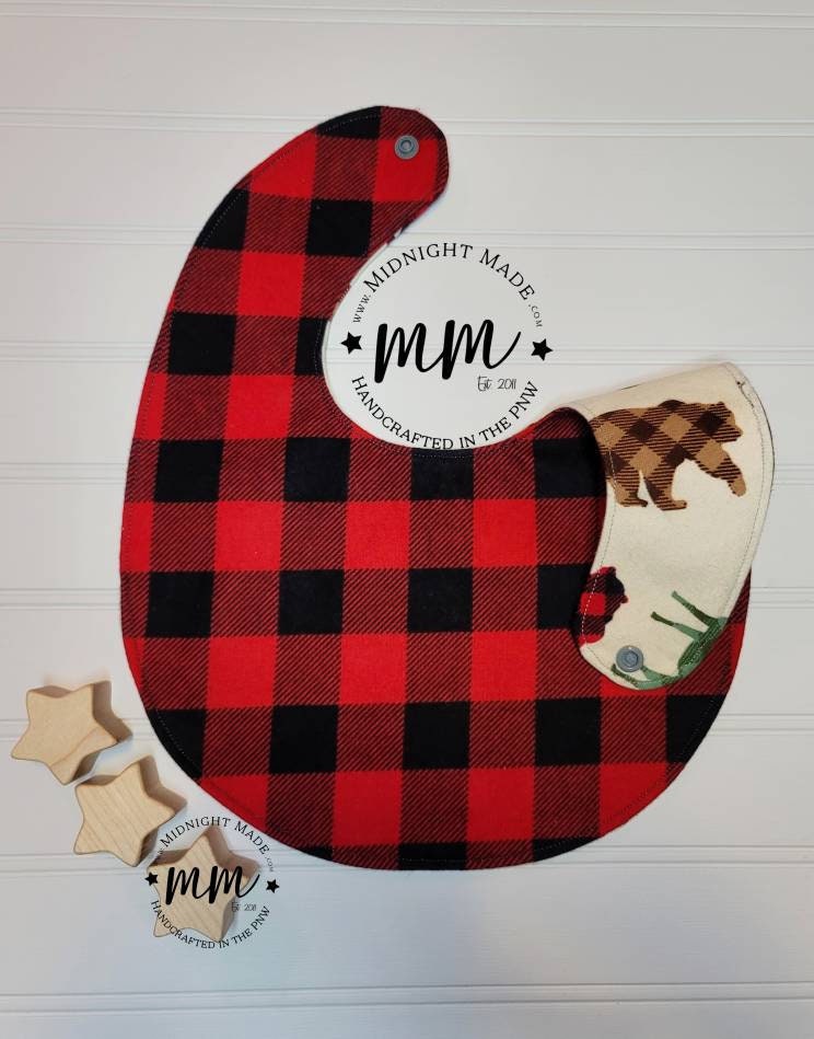 Woodland animal, buffalo plaid, nature, reversible baby set, baby bib, bandana, baby shoes baby mocs, toddler children's Bib Midnight Made