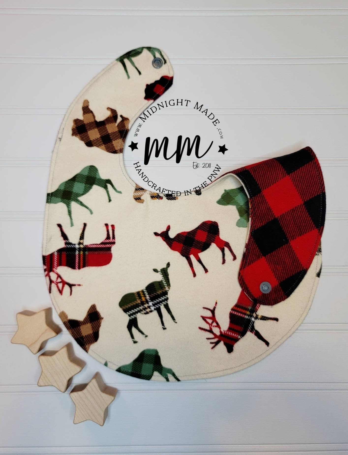 Woodland animal, buffalo plaid, nature, reversible baby set, baby bib, bandana, baby shoes baby mocs, toddler children's Bib Midnight Made