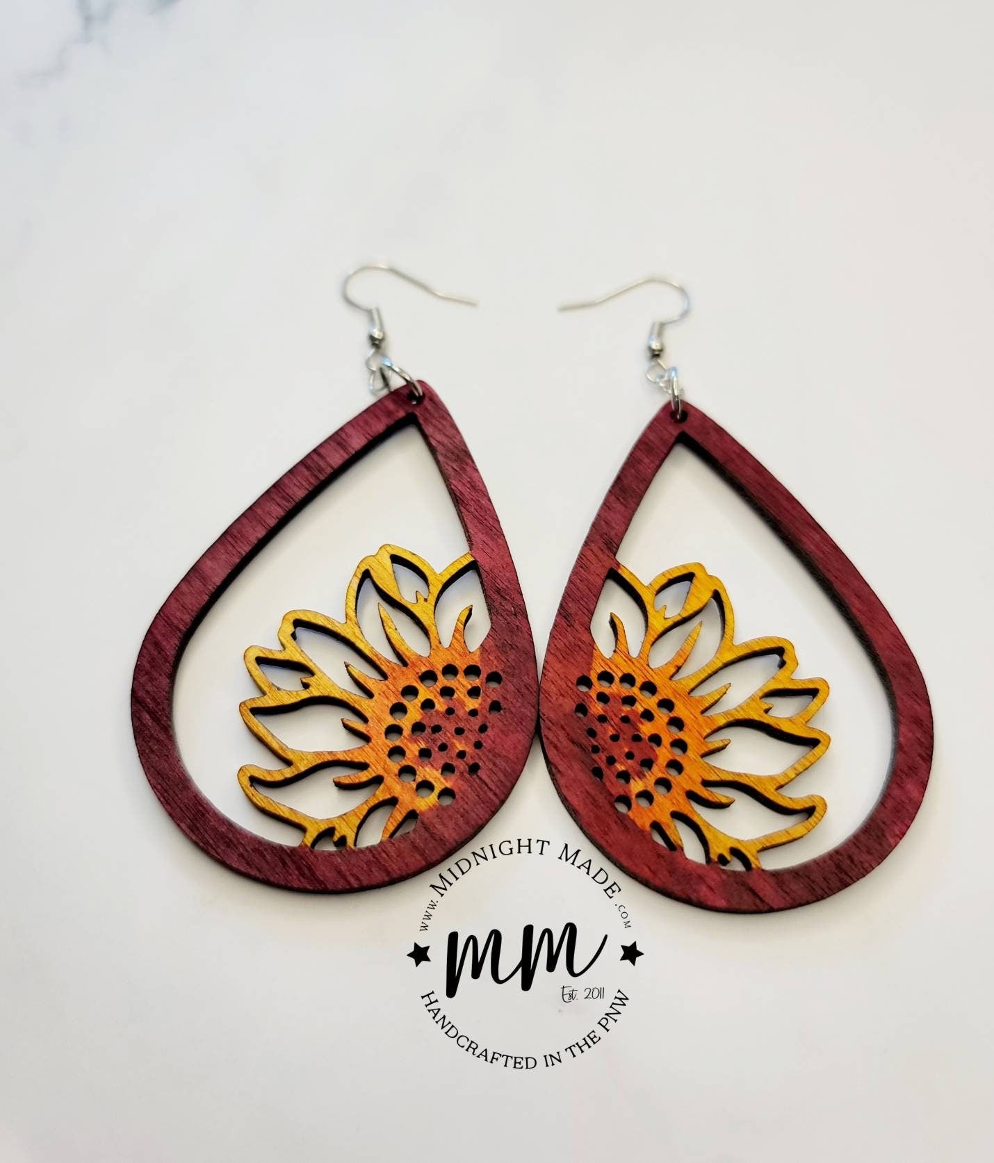 Wood Sunflower Summer Dangle Sunflower Earrings