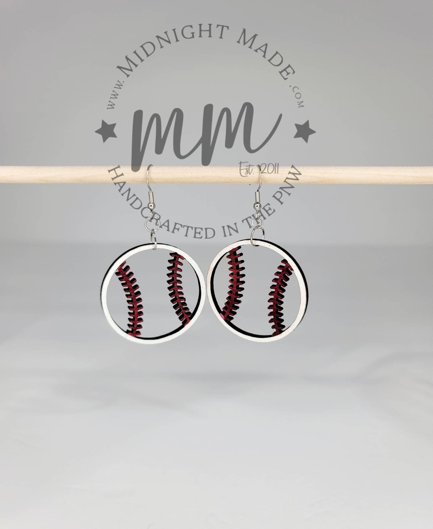 Baseball wood hand painted vegan earrings Midnight Made