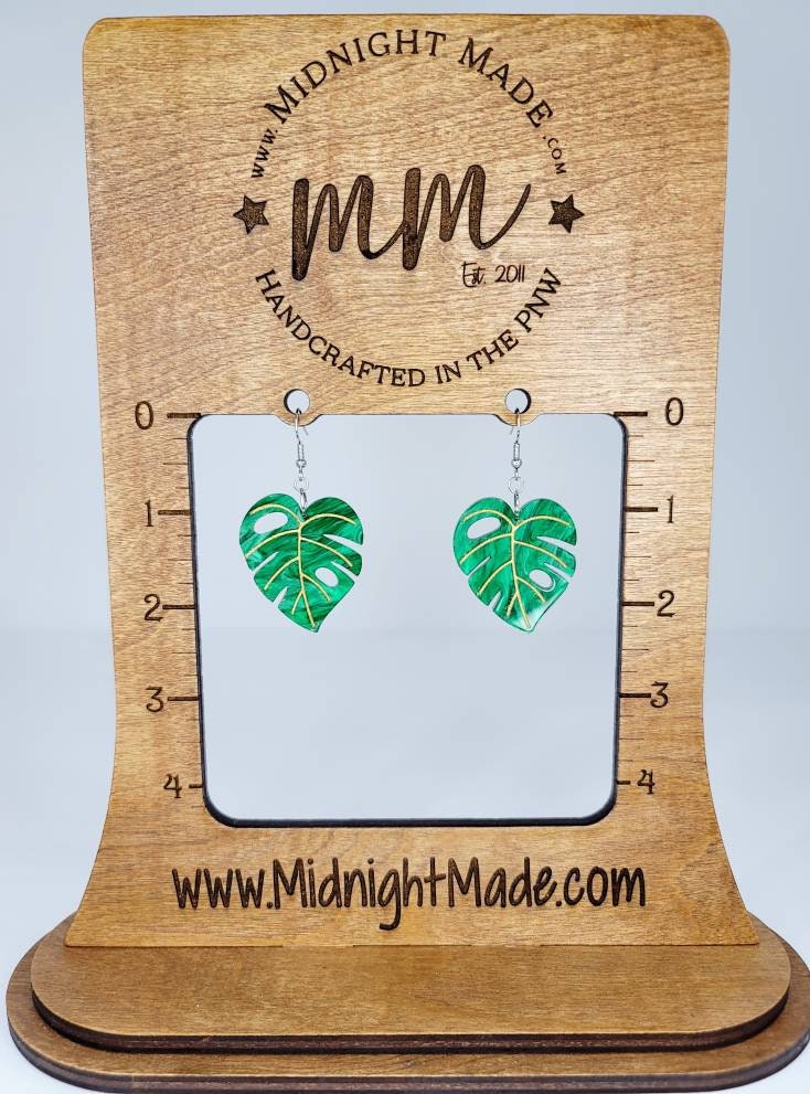 Shimmer Green Monstera Leaf Earrings with Gold