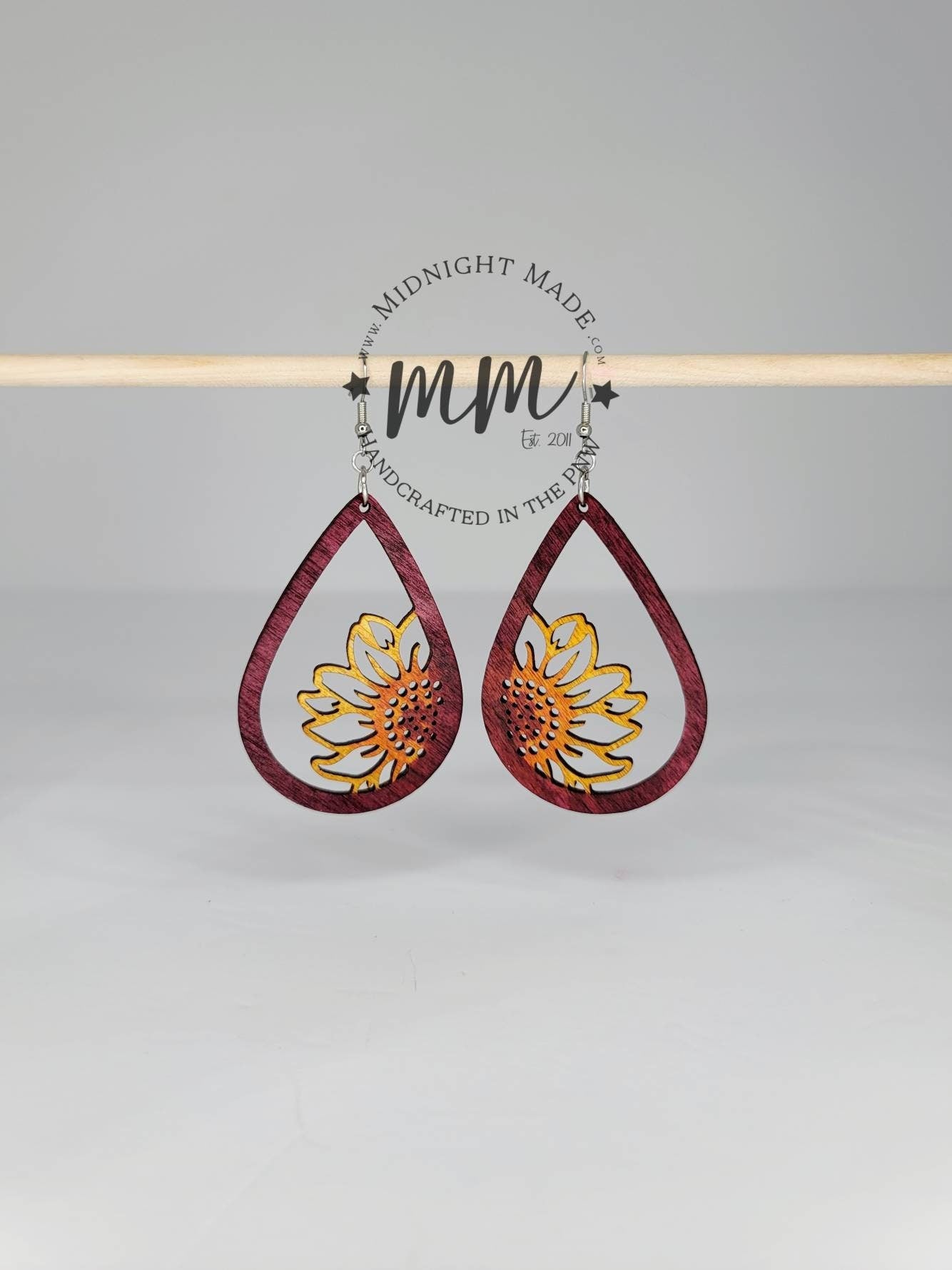 Wood Sunflower Summer Dangle Sunflower Earrings