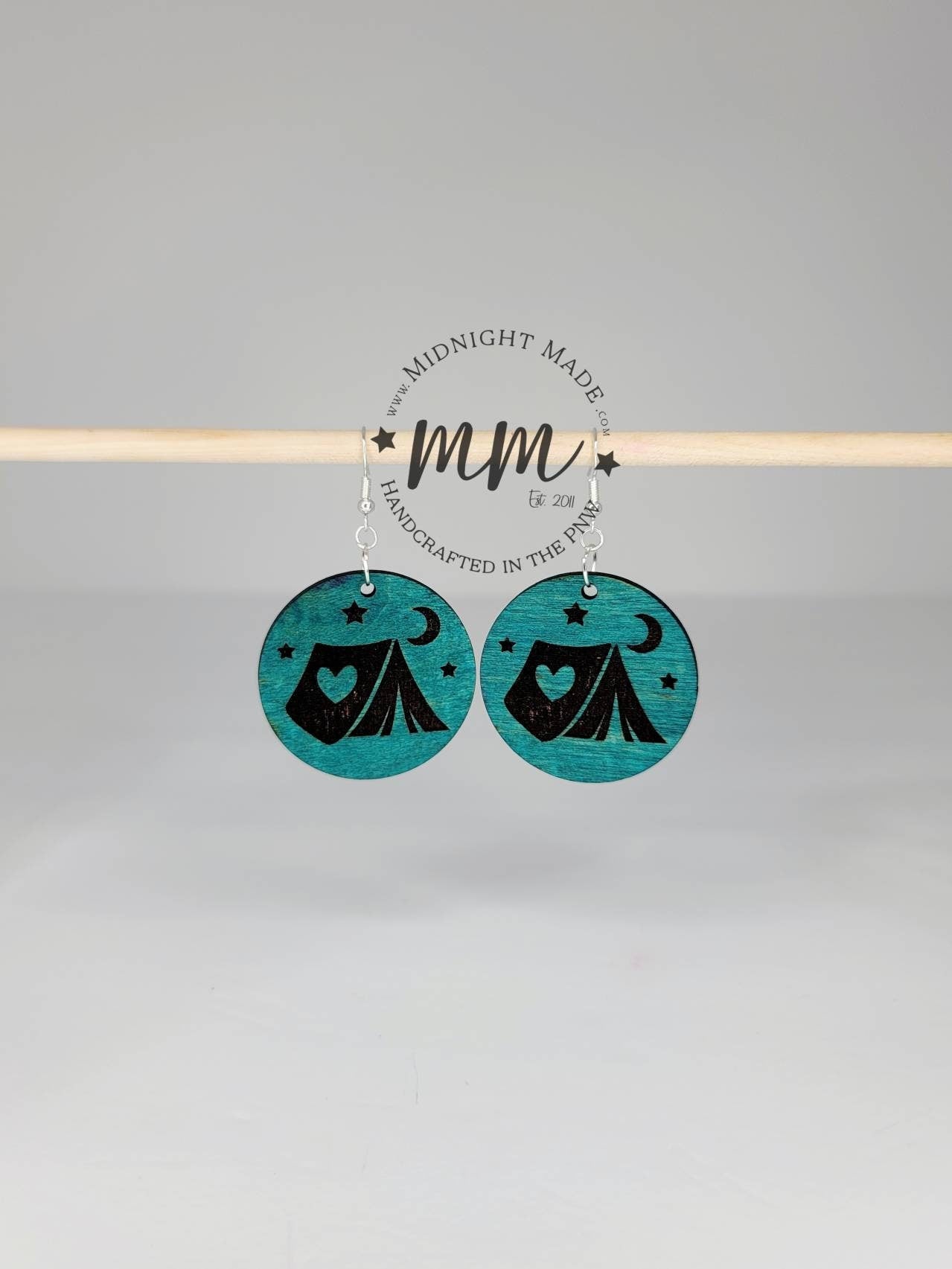 Camping Tent outdoor Wood hand painted dangle Earrings Midnight Made