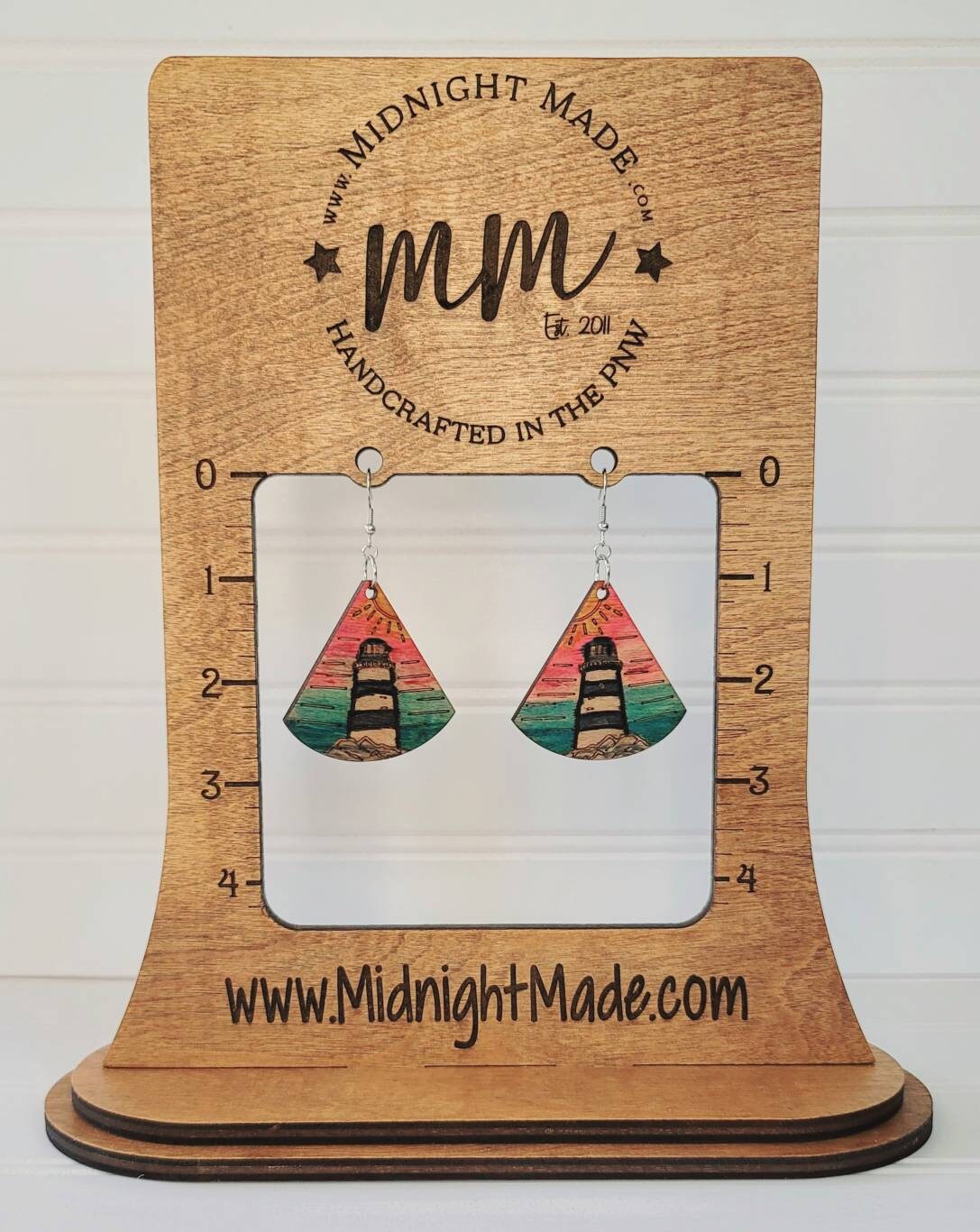 Wood Lighthouse Sunset Coastal Earrings