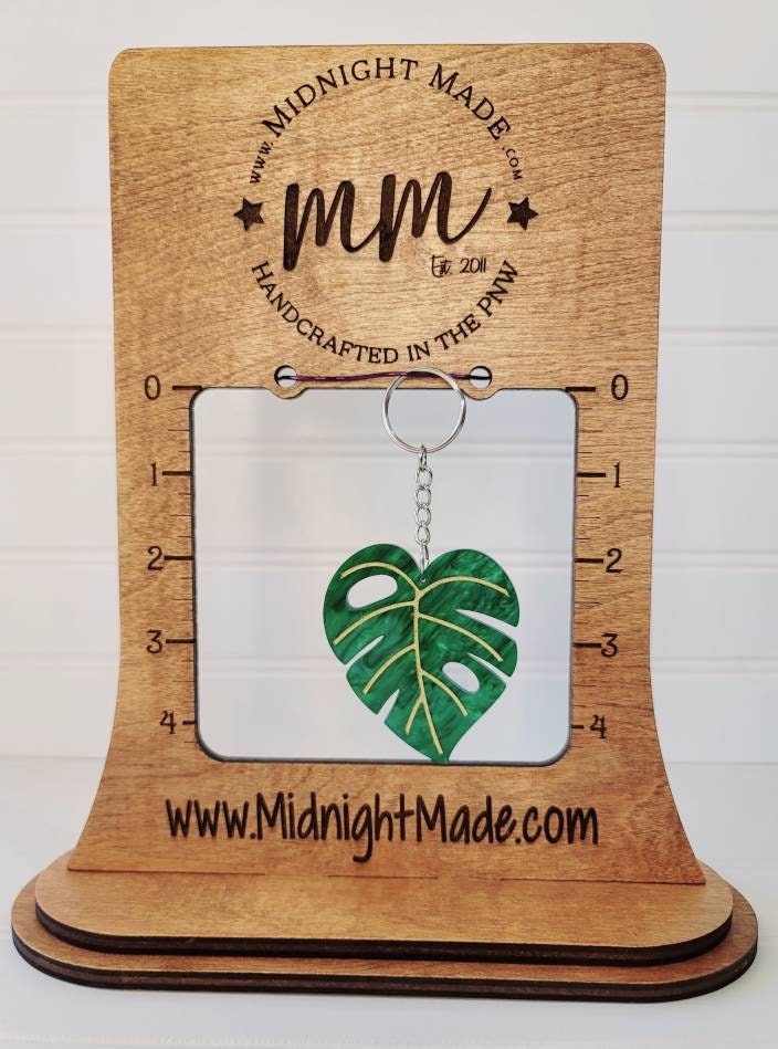 Shimmer Green Monstera Leaf keychain with Gold accent Midnight Made