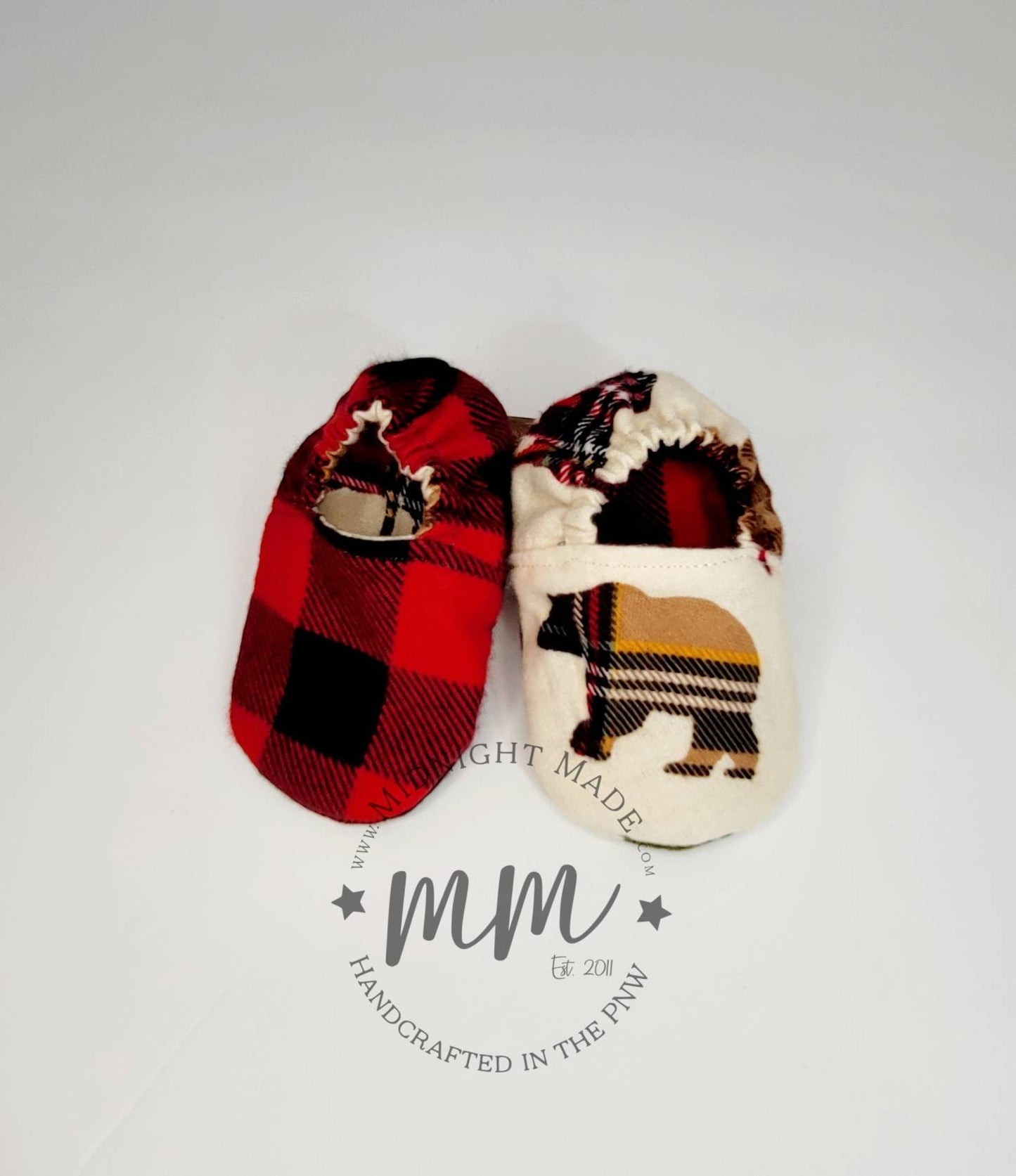 Woodland animal, buffalo plaid, nature, reversible baby set, baby bib, bandana, baby shoes baby mocs, toddler children's Bib Midnight Made