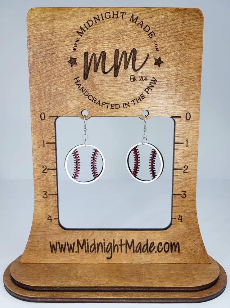 Baseball wood, hand painted, vegan earrings Midnight Made, custom colors, personalized team