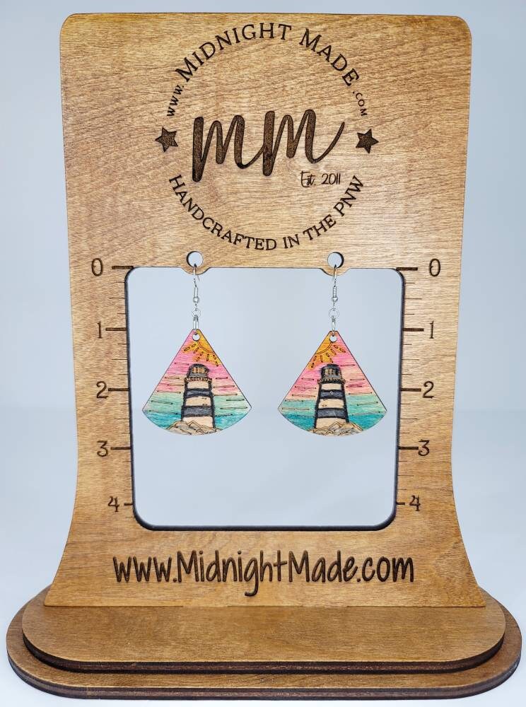 Wood Lighthouse Sunset Coastal Earrings