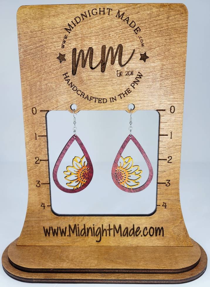 Wood Sunflower Summer Dangle Sunflower Earrings