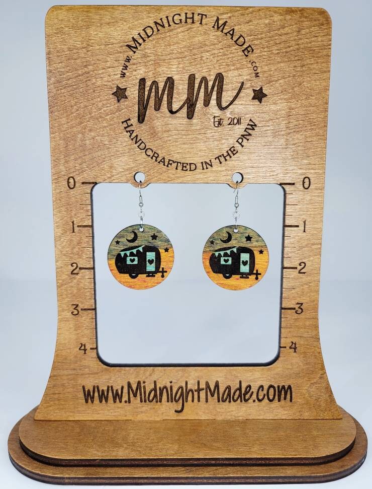Camping Camper Wood hand painted dangle Earrings Midnight Made
