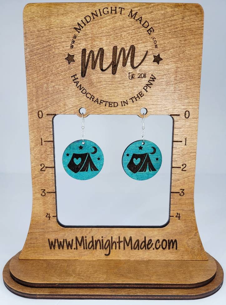 Camping Tent outdoor Wood hand painted dangle Earrings Midnight Made