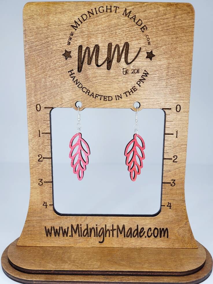 Pink floral leaf wood hand painted Tropical Leaf Earrings