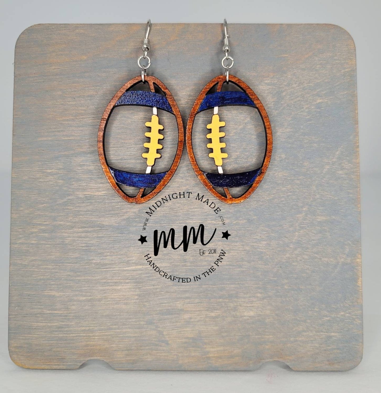Wood Football earrings NFL team spirit tackle football school team Midnight Made. Navy yellow Team