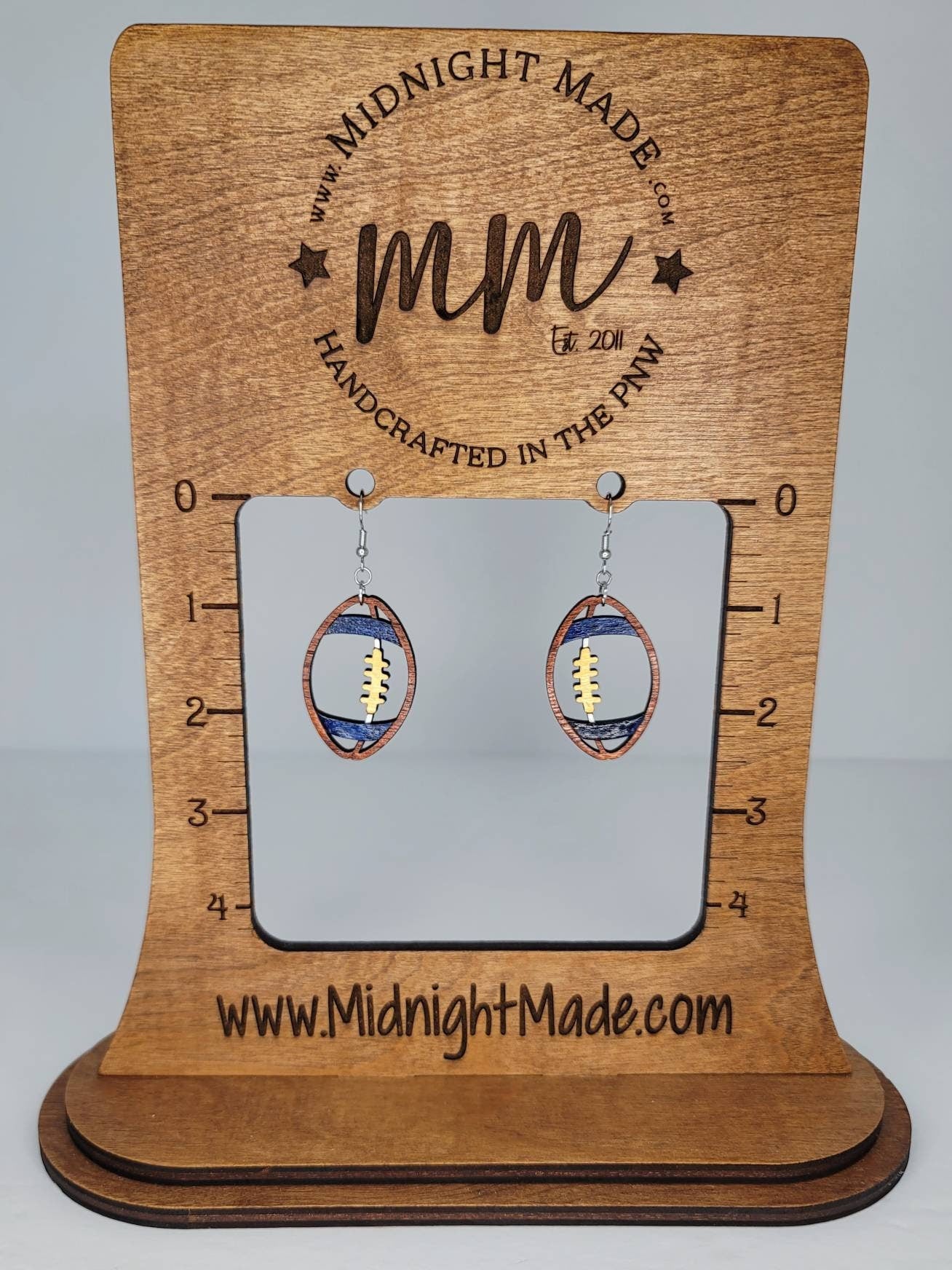 Wood Football earrings NFL team spirit tackle football school team Midnight Made. Navy yellow Team