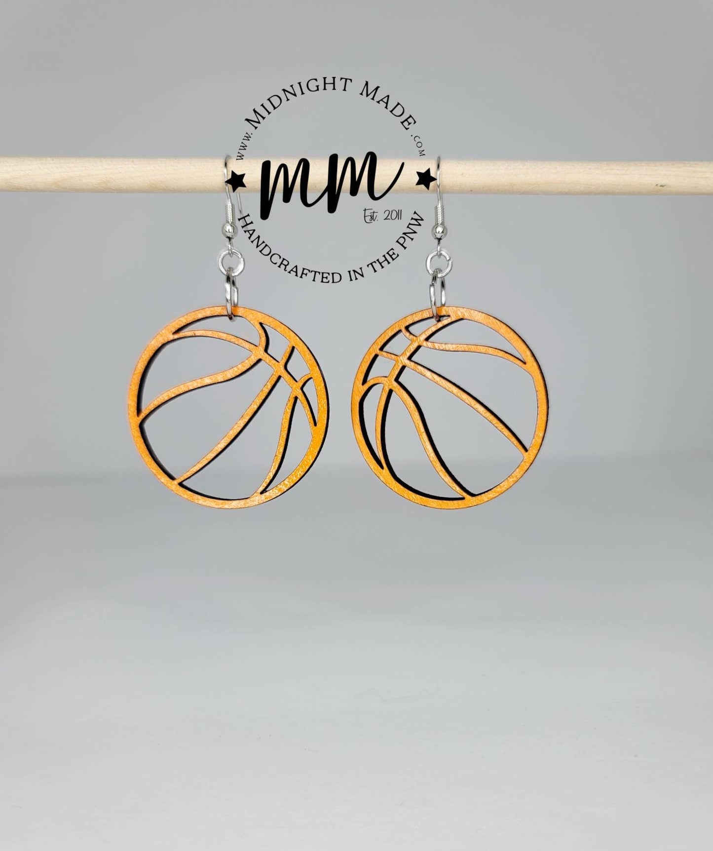 Wood basketball earrings NBA team spirit school team Midnight Made. Orange