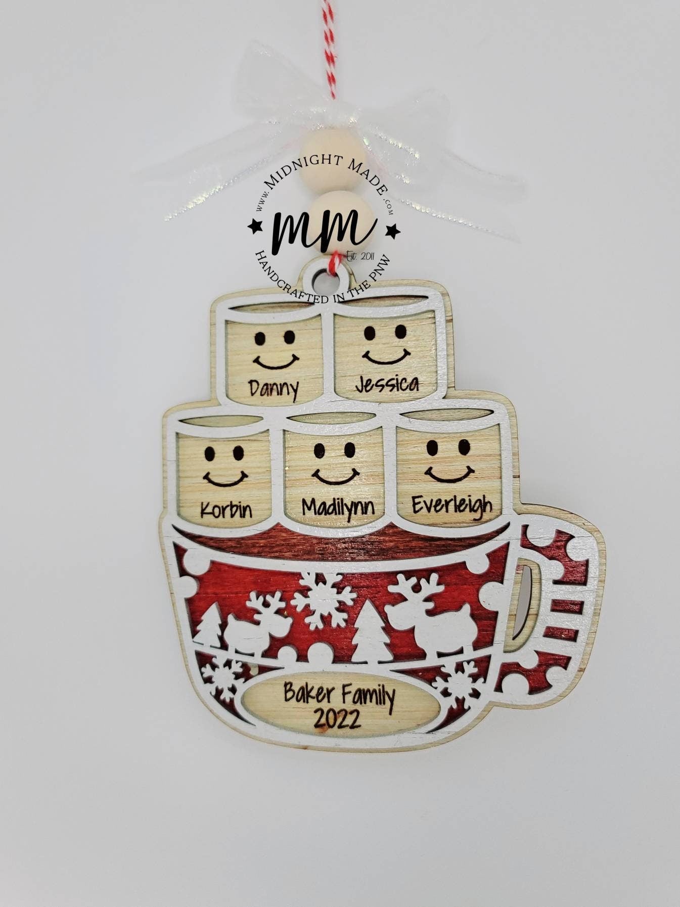 Hot cocoa Coffee Cup Marshmallow 2022 Family Ornament Wood Christmas tree ornament Midnight Made