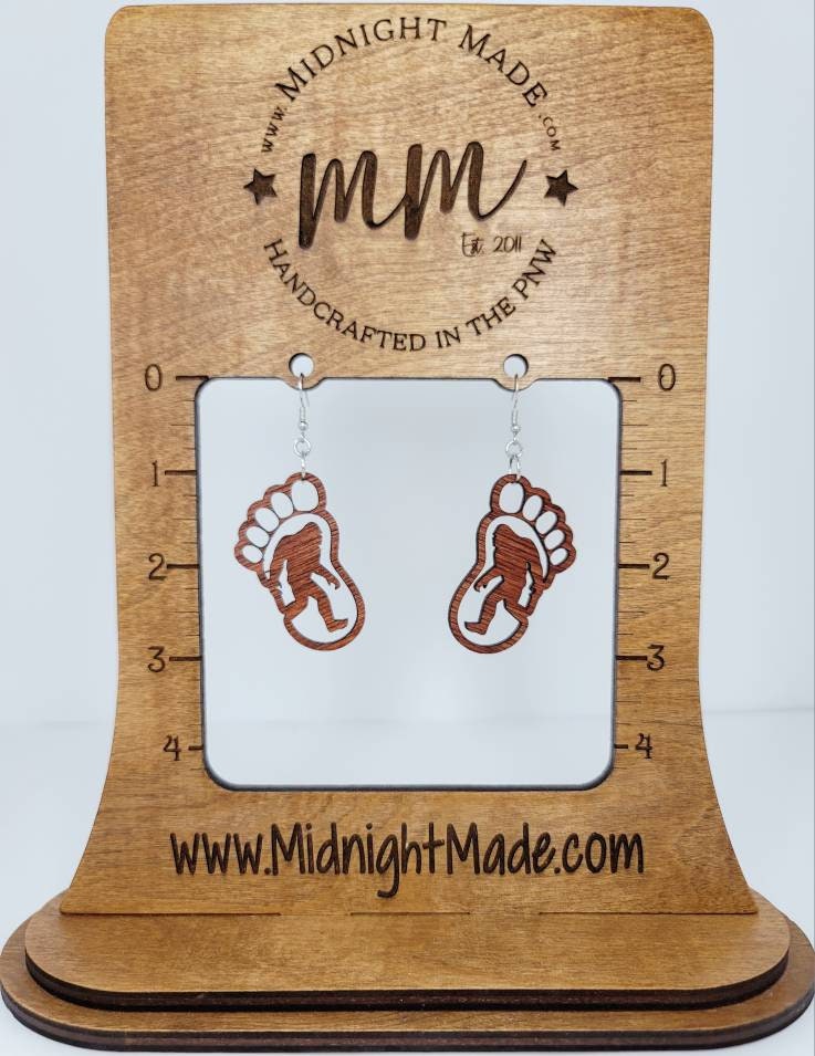 Bigfoot Footprint Wood dangle drop earrings lightweight Midnight Made