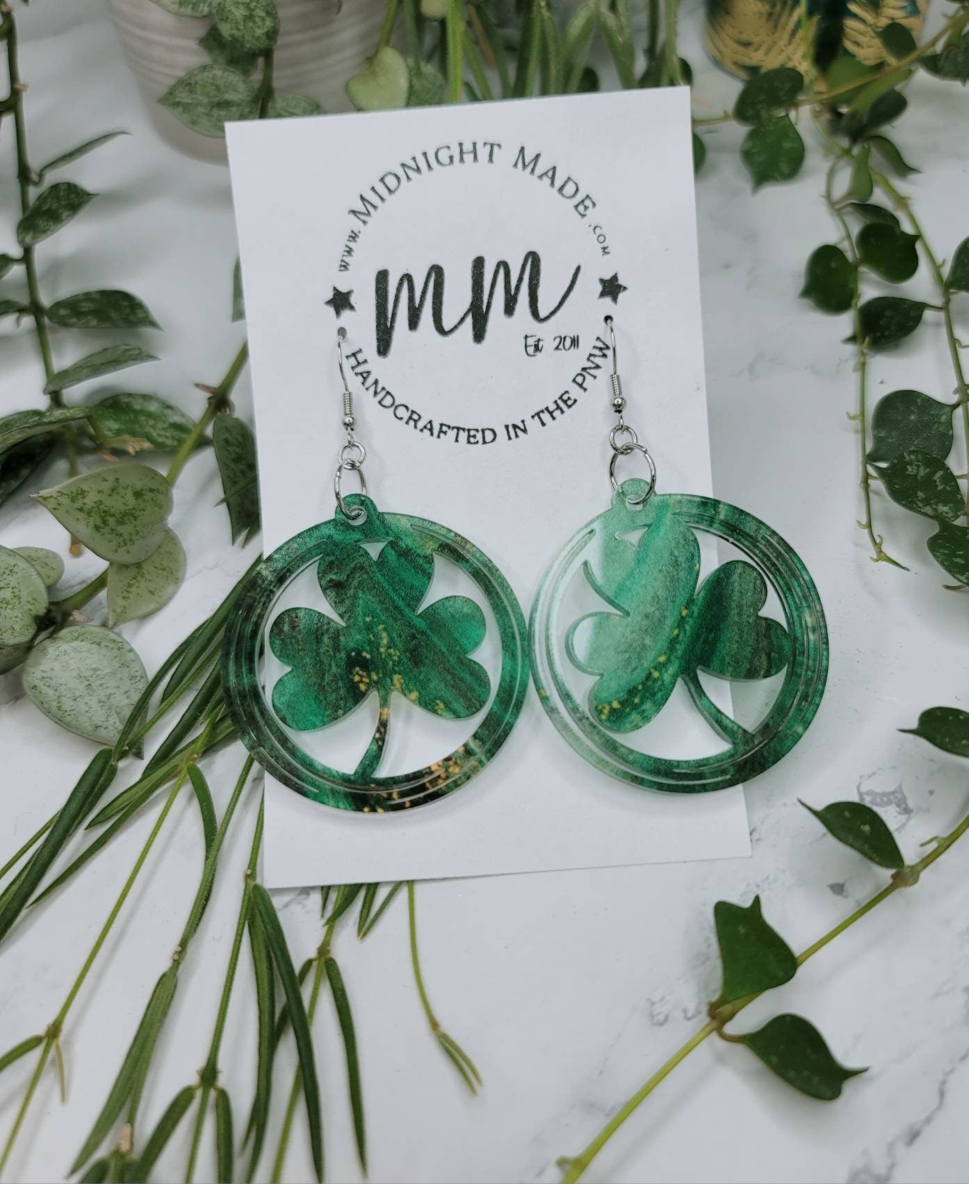 Green Gold Shamrock Dangle Earrings, St Patrick's Day