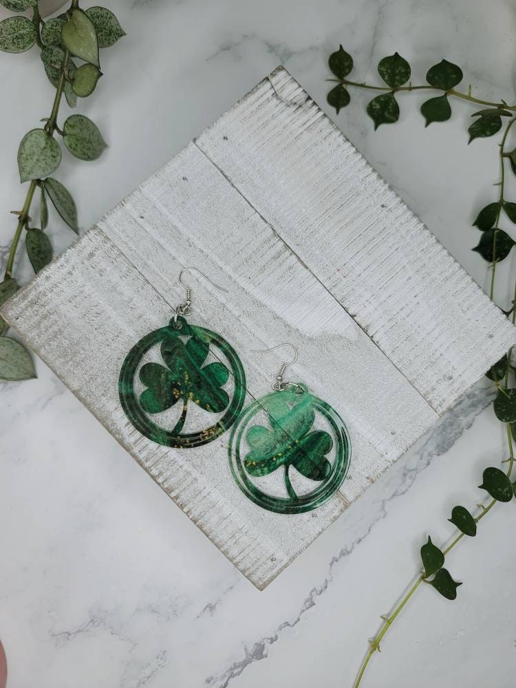 Green Gold Shamrock Dangle Earrings, St Patrick's Day