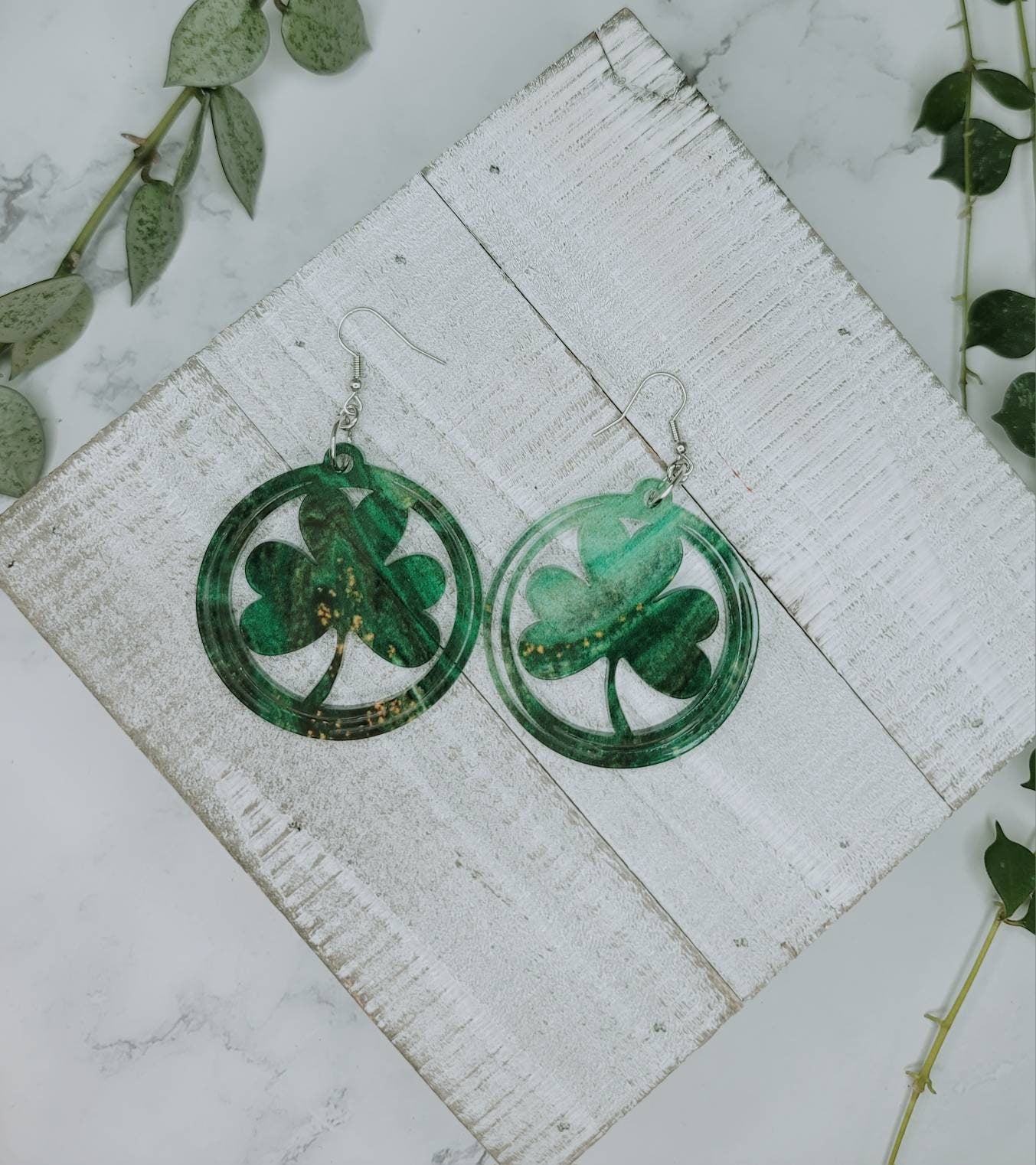 Green Gold Shamrock Dangle Earrings, St Patrick's Day