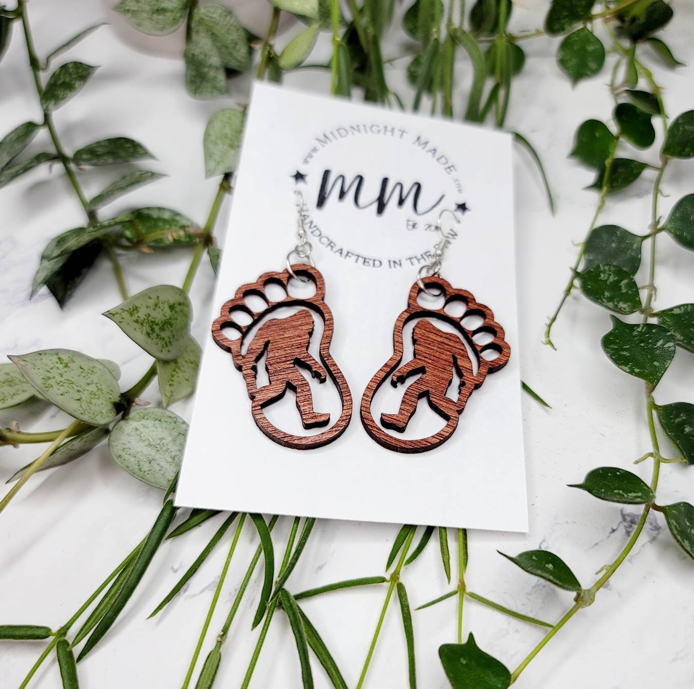 Bigfoot Footprint Wood dangle drop earrings lightweight Midnight Made