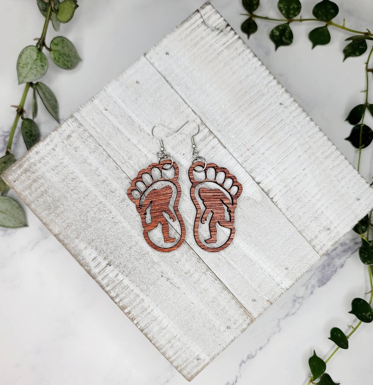 Bigfoot Footprint Wood dangle drop earrings lightweight Midnight Made